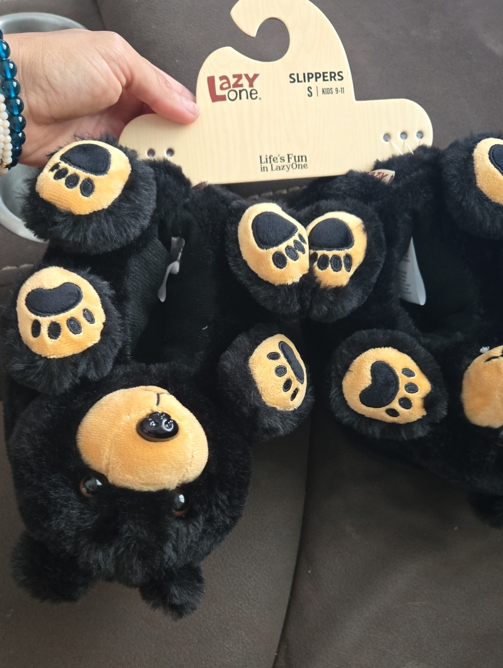 Lazy One Kids Black Plush Bear Slippers with Tan Paw Accents
